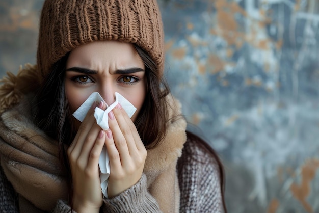 Portrait of a sick woman who has the flu blows her nose into a tissue