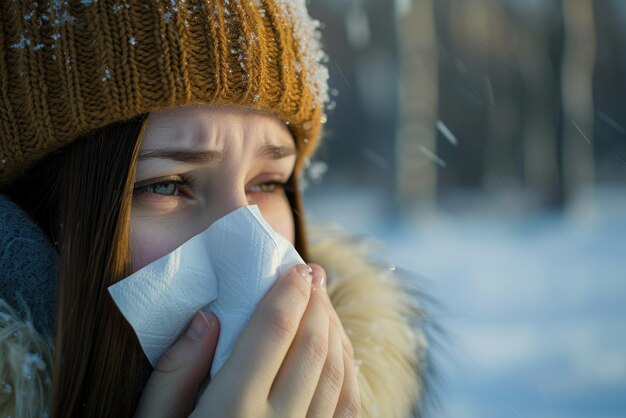 インフルエンザを患った病気の女性の肖像画鼻をタオルに吹く