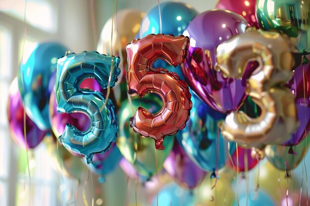 Photo portrait of silver helium balloons floating in the sky