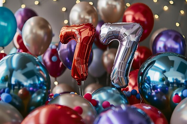 Photo portrait of silver helium balloons floating in the sky