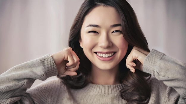 Portrait of sincere brunette asian female model rubs palms and smiles broadly expresses happiness f