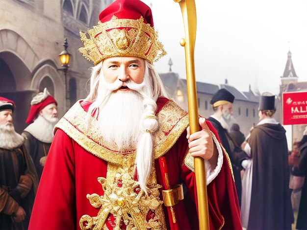 Photo portrait of sinterklaas while he is arriving in town