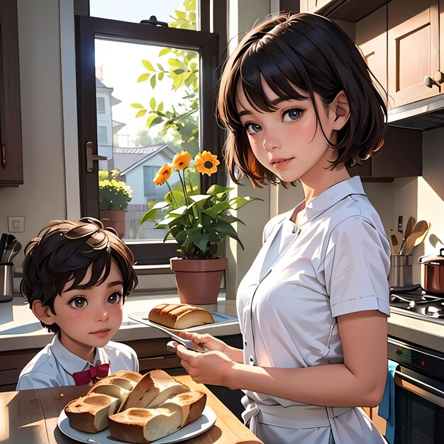портрет сестры и молодого брата на кухне