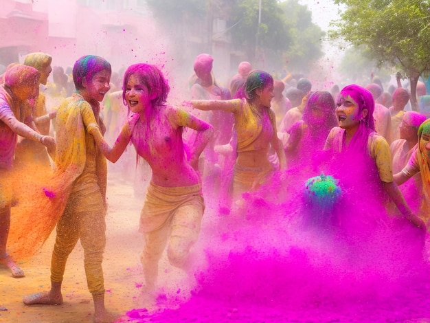 Photo portrait of the sisters painted in the colors of holi