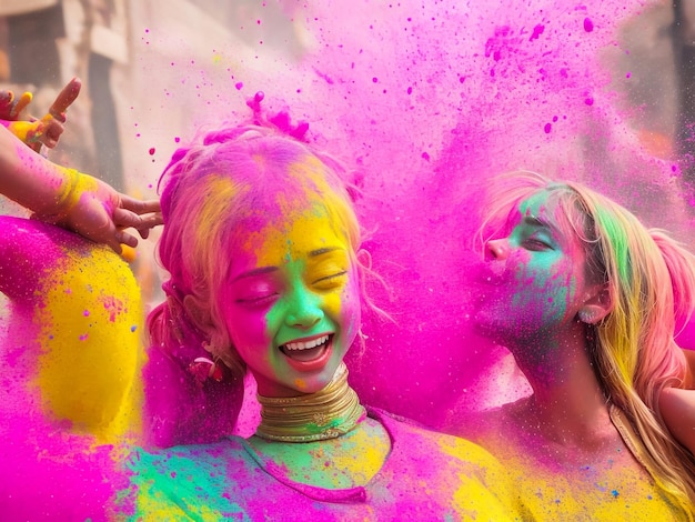 portrait of the sisters painted in the colors of Holi