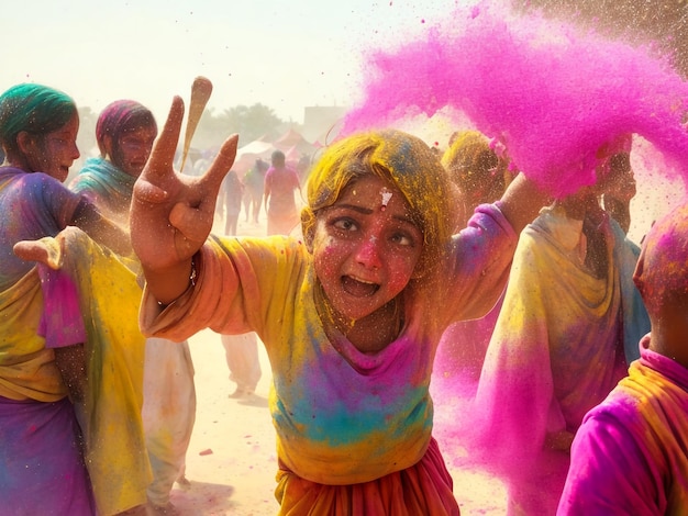 portrait of the sisters painted in the colors of Holi