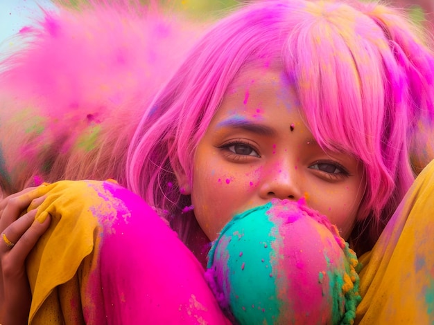 Foto ritratto delle sorelle dipinto con i colori di holi