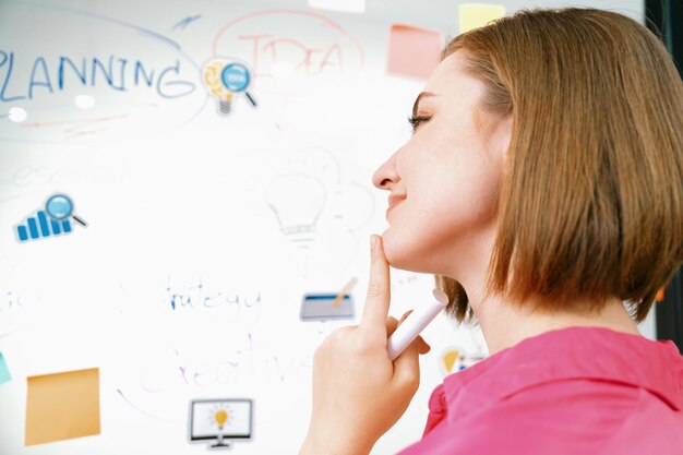 Portrait of skilled businesswoman thinking about marketing strategy Immaculate