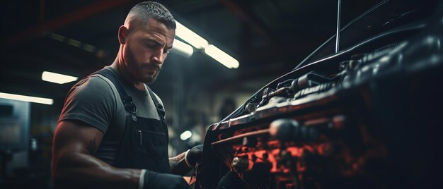 Portrait of a skilled car mechanic worker working repair leaning a vehicle in a garage Auto car repair service center