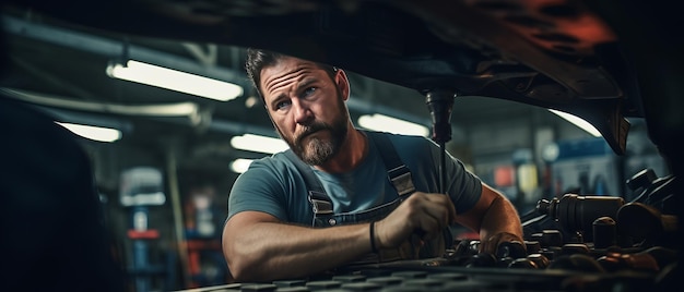Portrait of a skilled car mechanic worker working repair leaning a vehicle in a garage Auto car repair service center