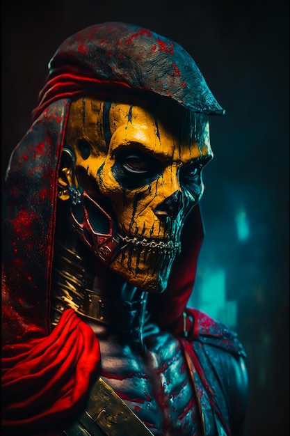 A portrait of a skull with a red hood.