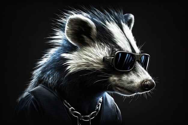 Photo portrait of skunk with sunglasses on a dark background