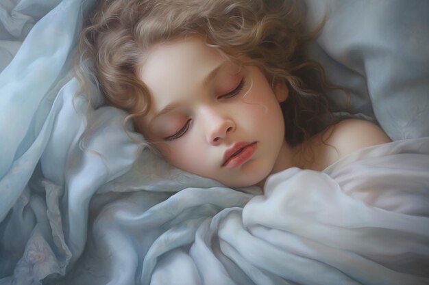 Photo portrait of a sleeping pretty blonde girl with a pastel blue blanket