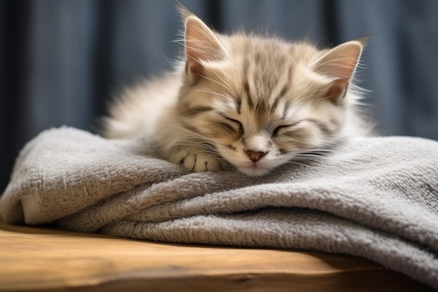 Portrait of a sleeping striped young cat on a gray sofa