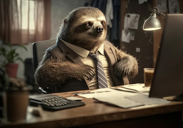 Photo portrait of sloth in a business suit at the office