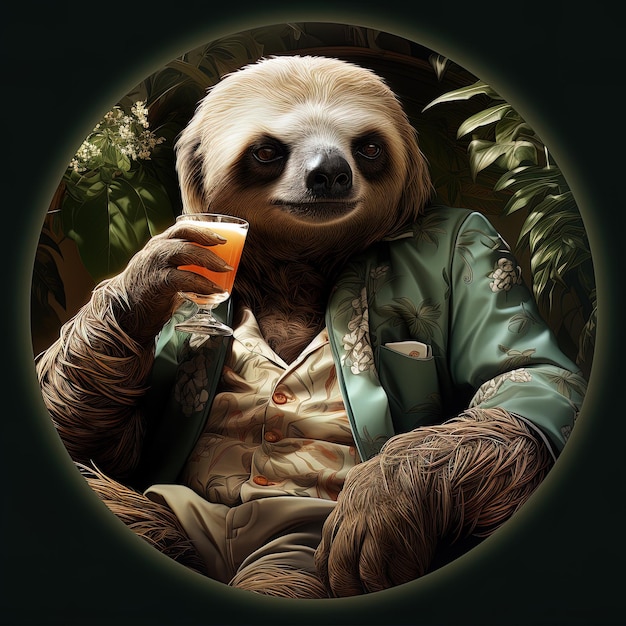 Portrait of a sloth in a green jacket and sunglasses with juice in hand AI generative