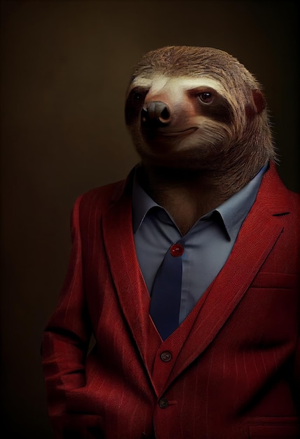 Portrait of a sloth in a red jacket and blue tie Generative AI