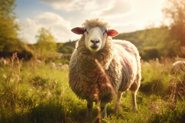 portrait of a small adorable lamb in the field at sunlight