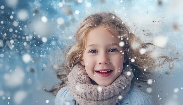 Портрет маленького ребенка со снежинками на однородном фоне