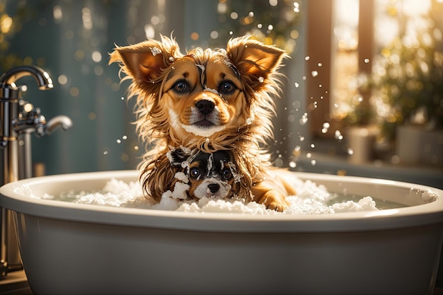 portrait Small dog being washed in bath tube ai generative