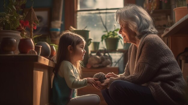 a portrait of small girl with grandmother having fun