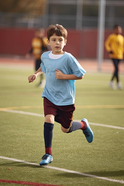 試合に注意を払う試合中の小さな子供のフットボール選手のポートレート