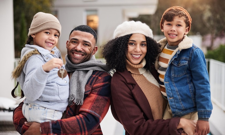 Photo portrait smile children and family with keys for property investment and together in new home parents happy kids and real estate purchase for moving mortgage loan and achievement for house sale