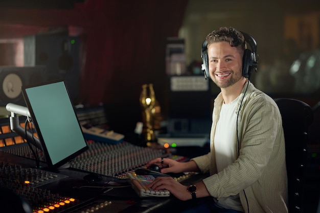 Portrait smile or music recording headphones in sound engineering edm or song composition in production studio Musician DJ or happy man on technology in live streaming radio audio or media album