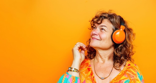 Photo portrait of a smiling adult caucasian woman listening to music or podcast in headphones