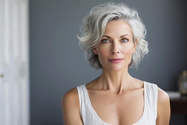 Portrait of smiling adult white woman in age of 50s home interior in daylight Active age concept