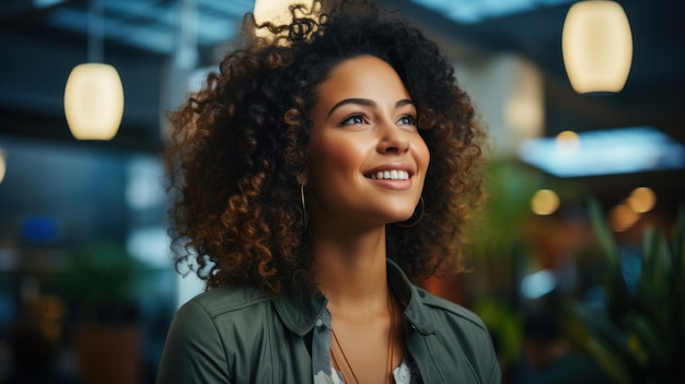 Portrait of smiling african american businesswoman looking away in cafe Generative AI