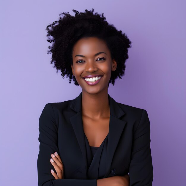 Foto ritratto di una donna d'affari afroamericana sorridente su sfondo viola