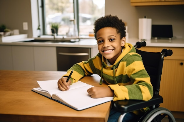 机で車椅子に座りながら勉強する笑顔のアフリカ系アメリカ人の小学生のポートレート