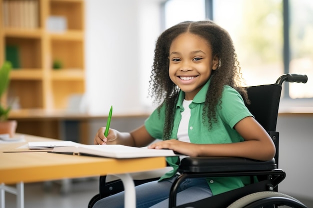 Portrait of smiling African American elementary girl studying while sitting on wheelchair at desk