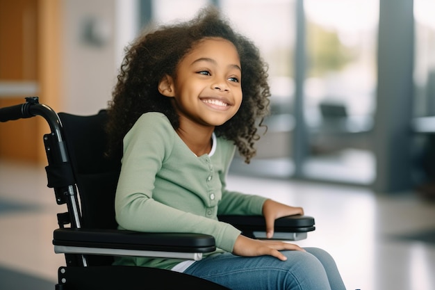 Portrait of smiling African American elementary girl studying while sitting on wheelchair at desk