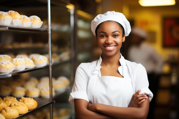 Portrait of smiling African American female staff standing in pastry shop