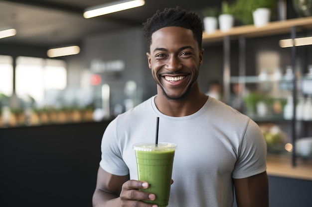 Portrait of smiling African American man holding green smoothie in fitness studio