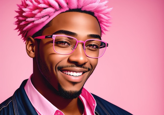 ピンクの眼鏡をかけたアフロヘアスタイルの笑顔のアフリカ系アメリカ人男性の肖像画