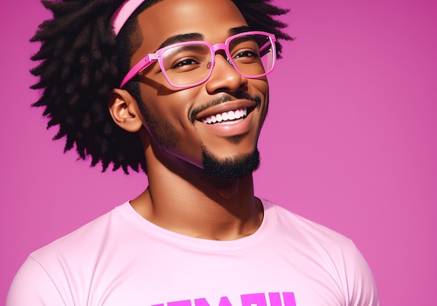 Portrait of a smiling african american man with afro hairstyle wearing pink glasses