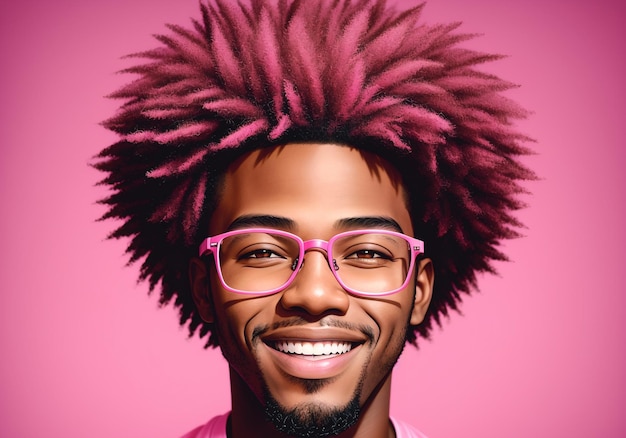 ピンクの眼鏡をかけたアフロヘアスタイルの笑顔のアフリカ系アメリカ人男性の肖像画