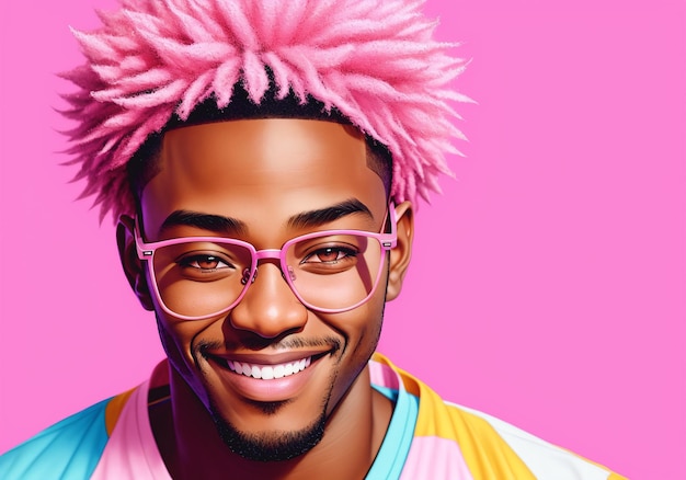 Портрет улыбающегося афроамериканца с афро прической в розовых очках