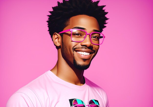 Portrait of a smiling african american man with afro hairstyle wearing pink glasses