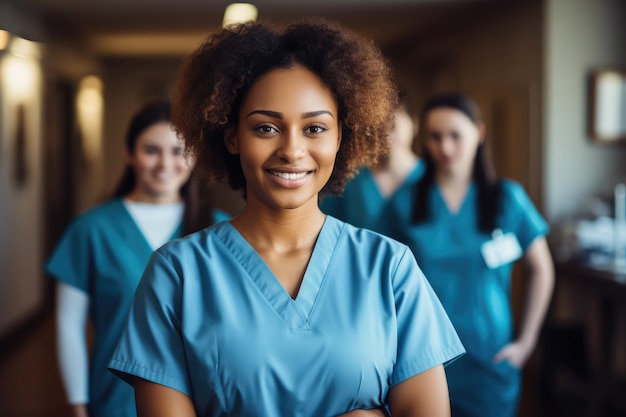 Portrait of smiling african american nurse standing in corridor of hospital