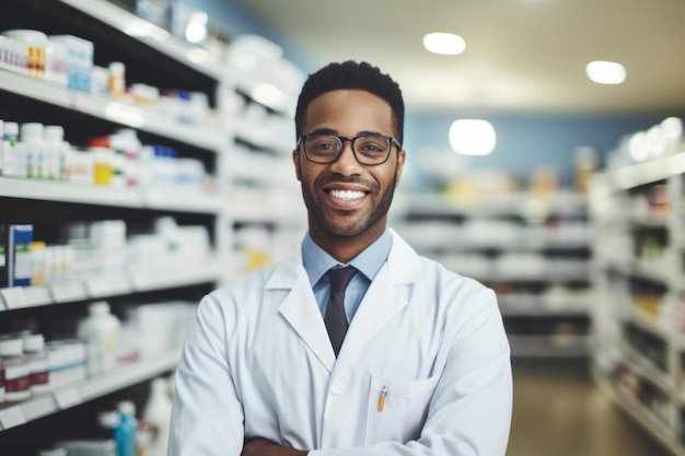 薬局に立っている笑顔のアフリカ系アメリカ人の薬剤師の肖像画