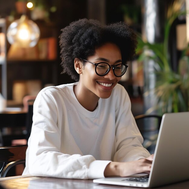 Portrait of smiling african american woman in eyeglasses using laptop in cafe