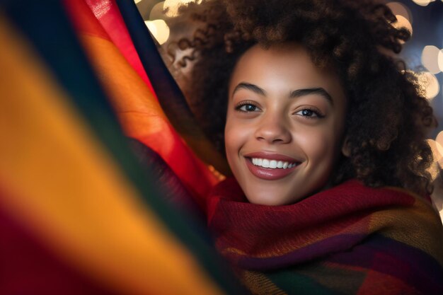 Photo portrait of smiling african american woman wrapped in colorful blanket