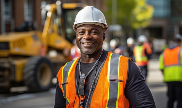 Portrait of smiling African American worker man in helmet Black male engineer wearing safety vest and hard hat standing in manufacturing or construction site Positive emotion good job