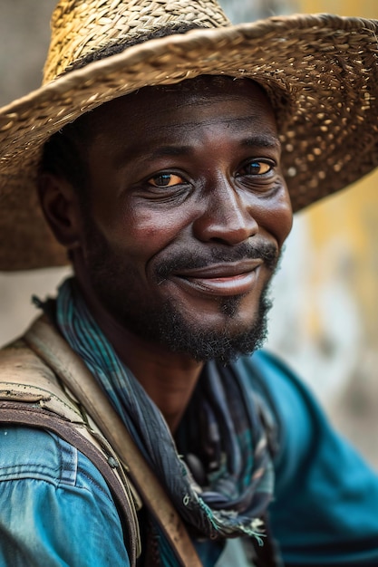 Portrait of a smiling African man wearing a straw hat in the street