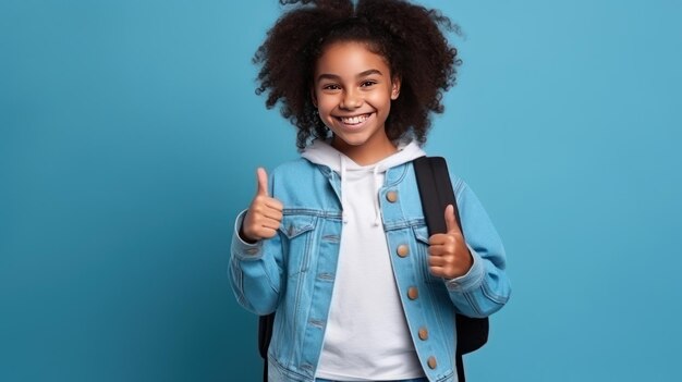 Foto ritratto di una studentessa africana sorridente che indossa una giacca jeans isolata su uno sfondo blu