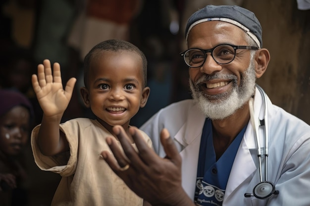 Портрет улыбающегося афроамериканского врача и его маленького пациента Доктор машет рукой с маленьким ребенком и улыбается, созданный AI